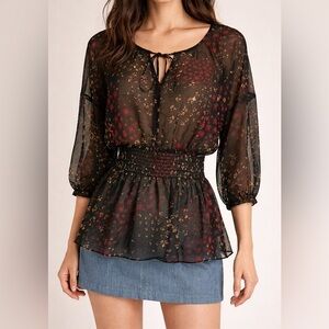 Anthropologie Fei Floral Silk Sheer 3/4 Sleeve Top